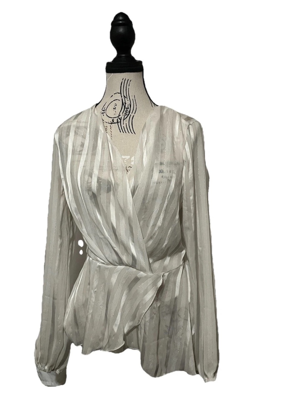 Y2K Women's Cream Size Medium Sheer Striped V Neck Long Sleeve Wrap Top Blouse - Picture 6 of 7